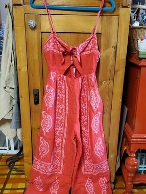 Free People Coral Red Paisley Tie-Front Jumpsuit